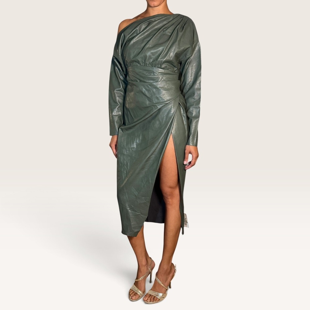 ASOS DESIGN Faux Leather Draped Midi Dress Forest Green US 6 Wedding Guest NWT